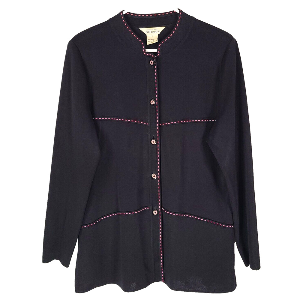 Exclusively Misook Cardigan Sweater LG Acrylic Knit Black Pink Stitch Button